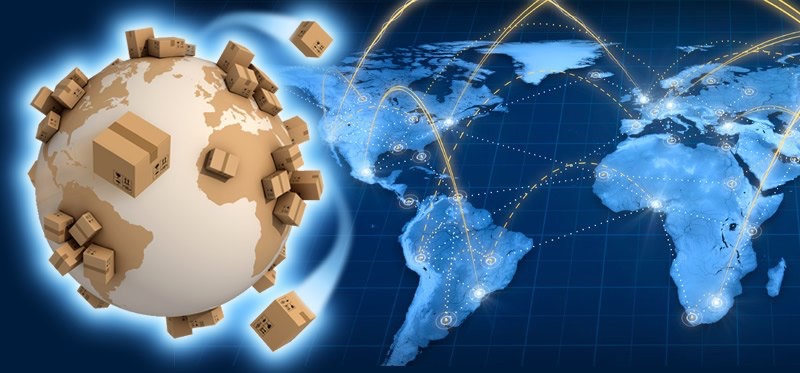 Global trade routes and logistics network map