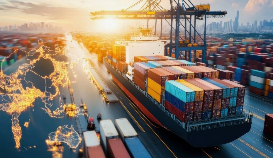 Container ship at Singapore port with cargo cranes